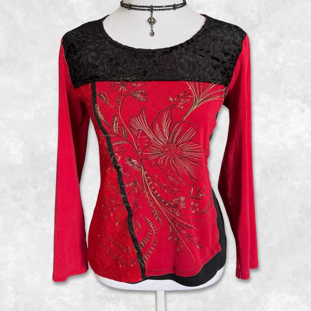 Y2K Whimsigoth Velvet Sequined Floral Multi Patterned Top Size L